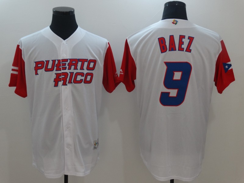 Men Puerto Rico Baseball #9 Javier Baez Majestic White 2017 World Baseball Classic Authentic Jersey